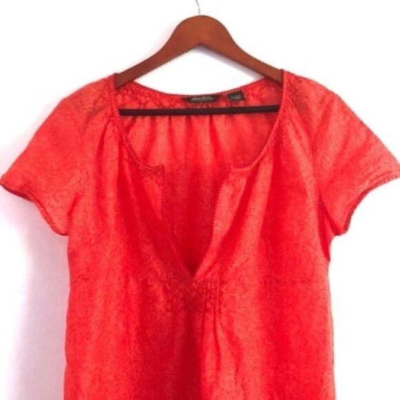 Eddie Bauer Blouse M Short Sleeves Pattern Semi-Sheer V-Neck Peasant Orange Boho - Picture 1 of 11